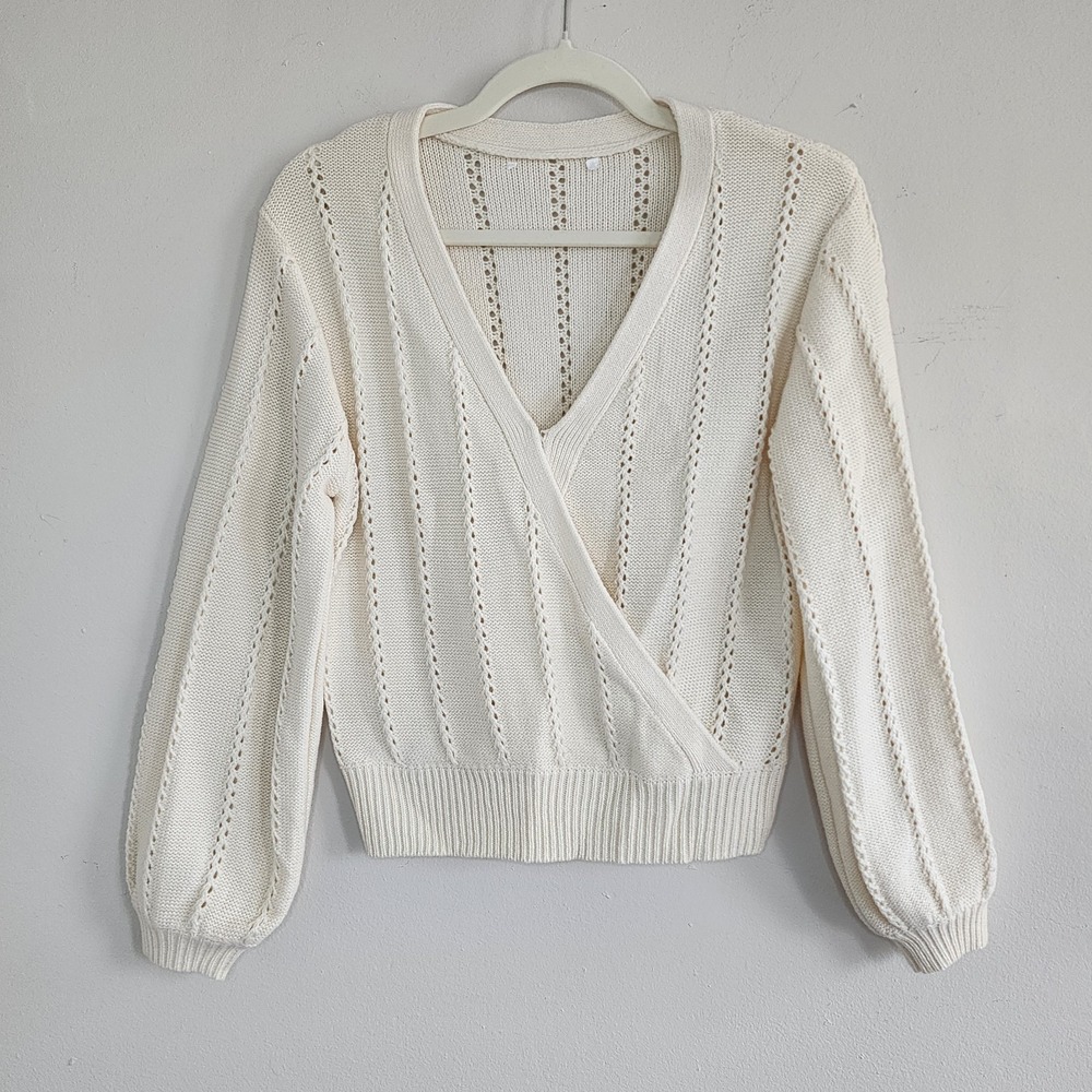 Womens Pointelle Sweater Small Minimalist Feminine Cottagecore Capsule Cream